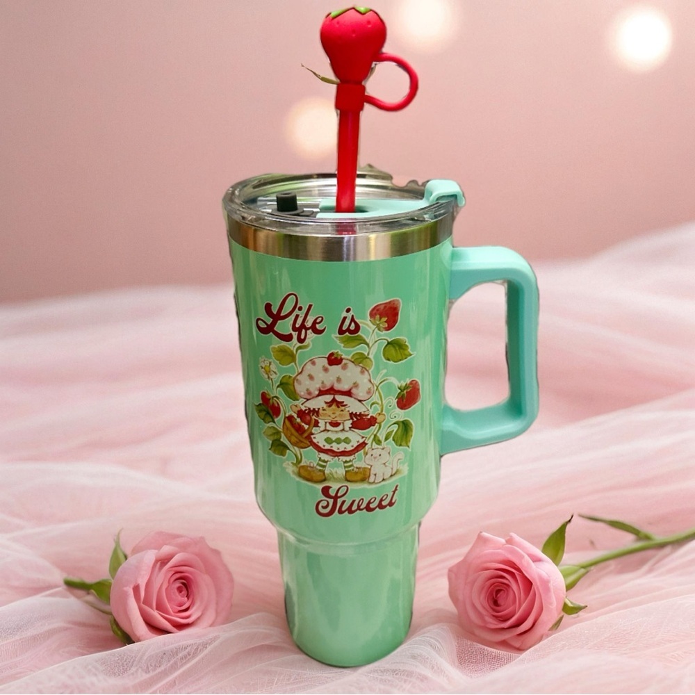 Strawberry-Themed Mint Green Travel Mug